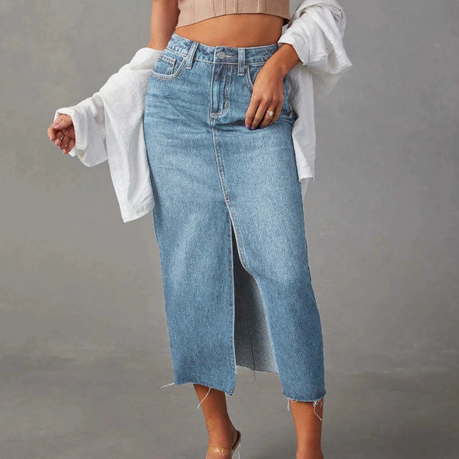 2024 Summer Midi Skirts Vintage Korean Style Skirts For Women Black Blue Jeans Skirt High Waisted Denim Skirt Front Slit GlowCart