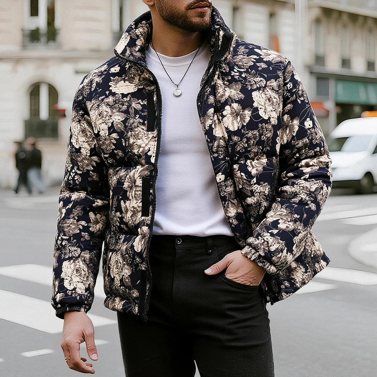 Winter Arrival Men's Beige Long-Sleeve Printed Thick Jacket, GlowCart