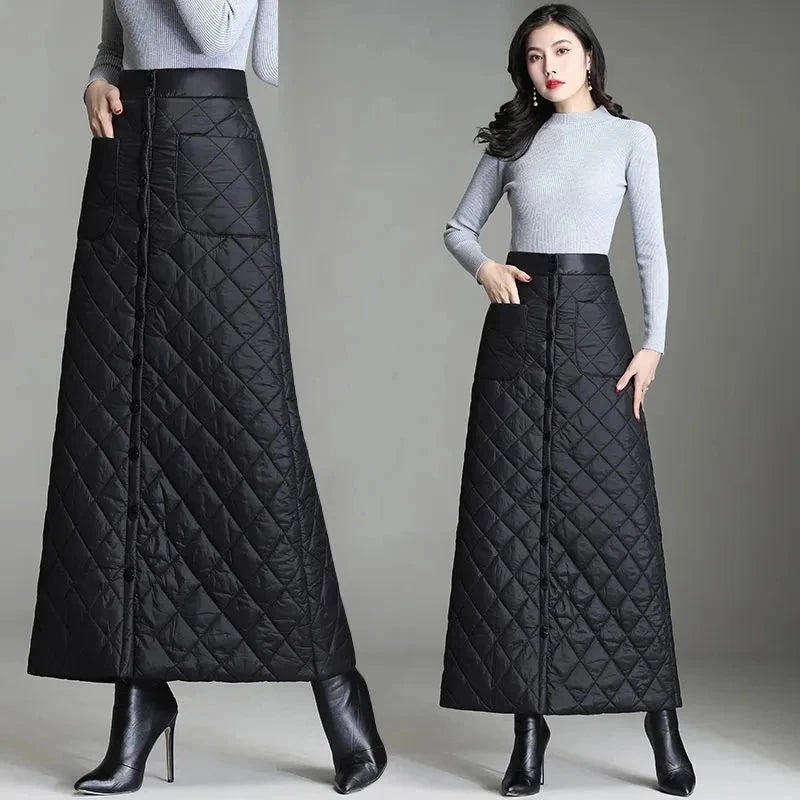 Autumn Winter Thick Warm Down Cotton Padded Skirts Women High Waist Windproof Belt Warm Puffer Skirts Large Size Long Skirts 5XL GlowCart