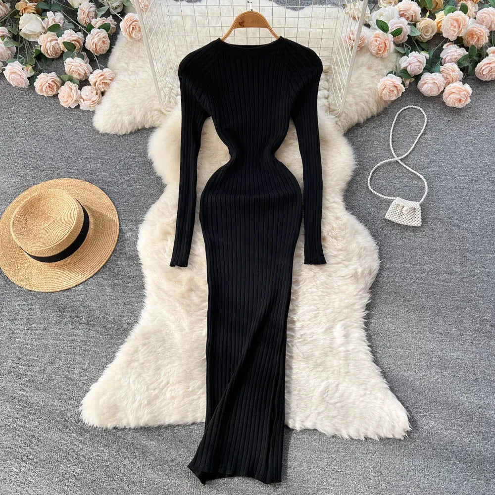 SINGREINY Winter Women Knit Maxi Dress O Neck Autumn Long GlowCart