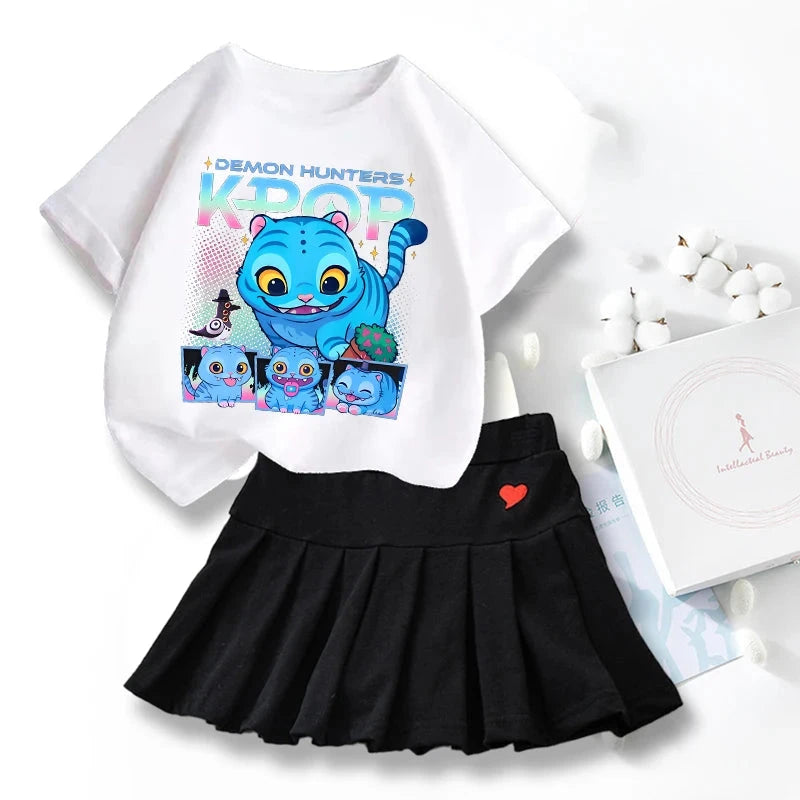 New K Pop Demon Hunters T-shirts Skirt Set Kawaii Cartoon Graphic T-shirt Kids Casual Short Sleeves Tops Summer Girl Clothes GlowCart