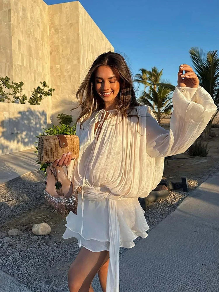 Vintage Puff Sleeve Ruffles Mini Dress Women Elegant Chic GlowCart