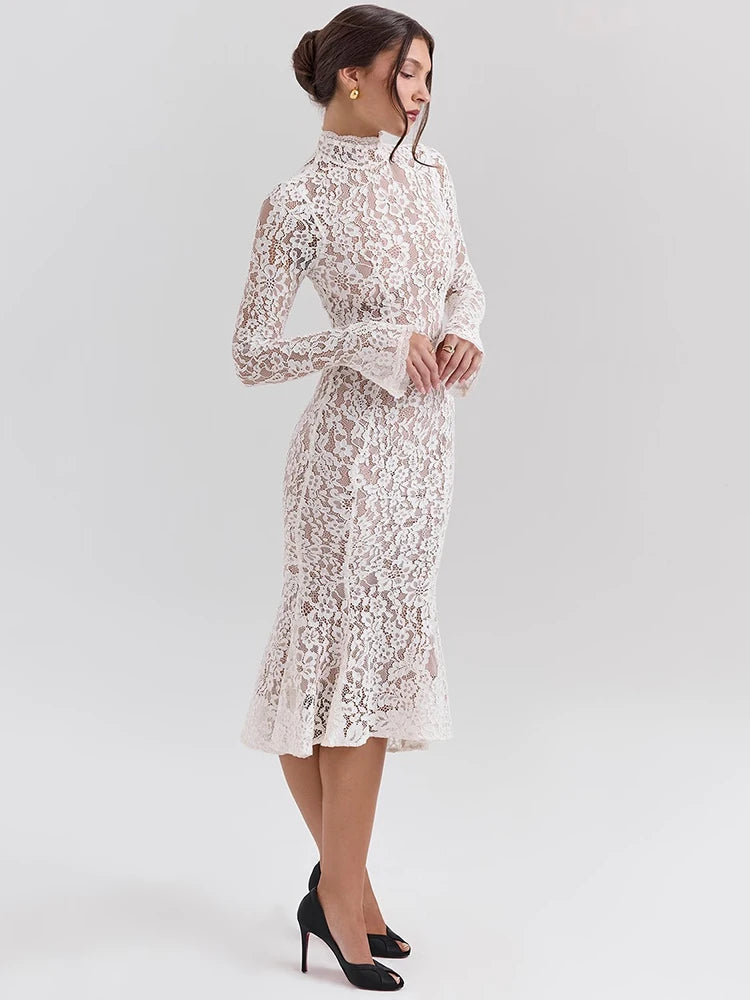 Mozision Lace Long Sleeve Sexy Midi Dress For Women Elegant White Half High Collar High Waist Bodycon Club Party Sexy Long Dress GlowCart