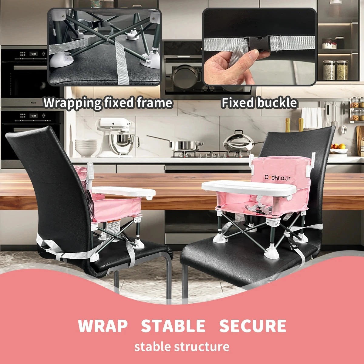 Portable children's dining chair, It can be used to increase the seat height with safety belt, foldable, and detachable plates GlowCart