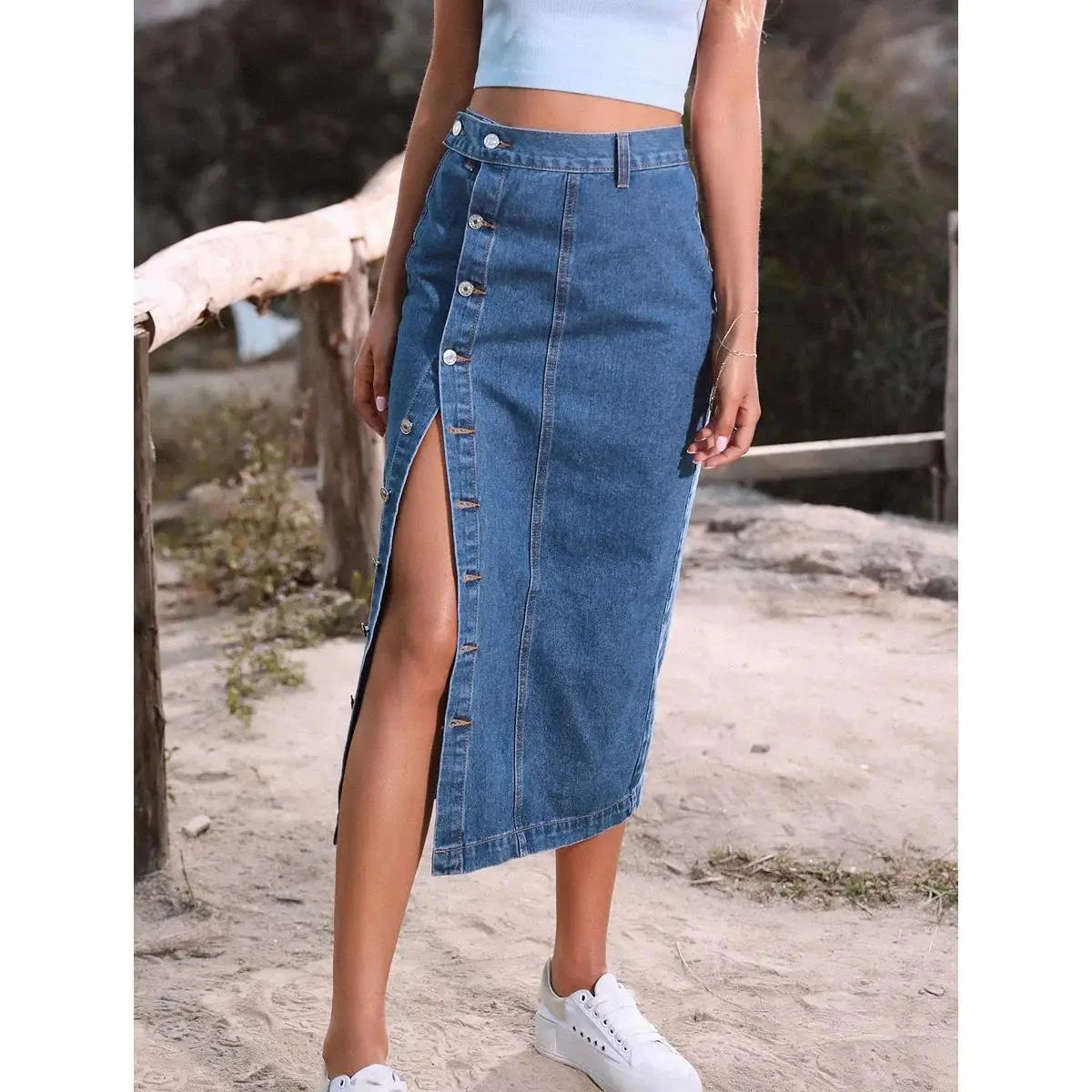 Denim Skirt Women Long Skirts Irregular Split Stretch High Waist Single Breasted Distressed Washed 2025 Summer Streetwear GlowCart