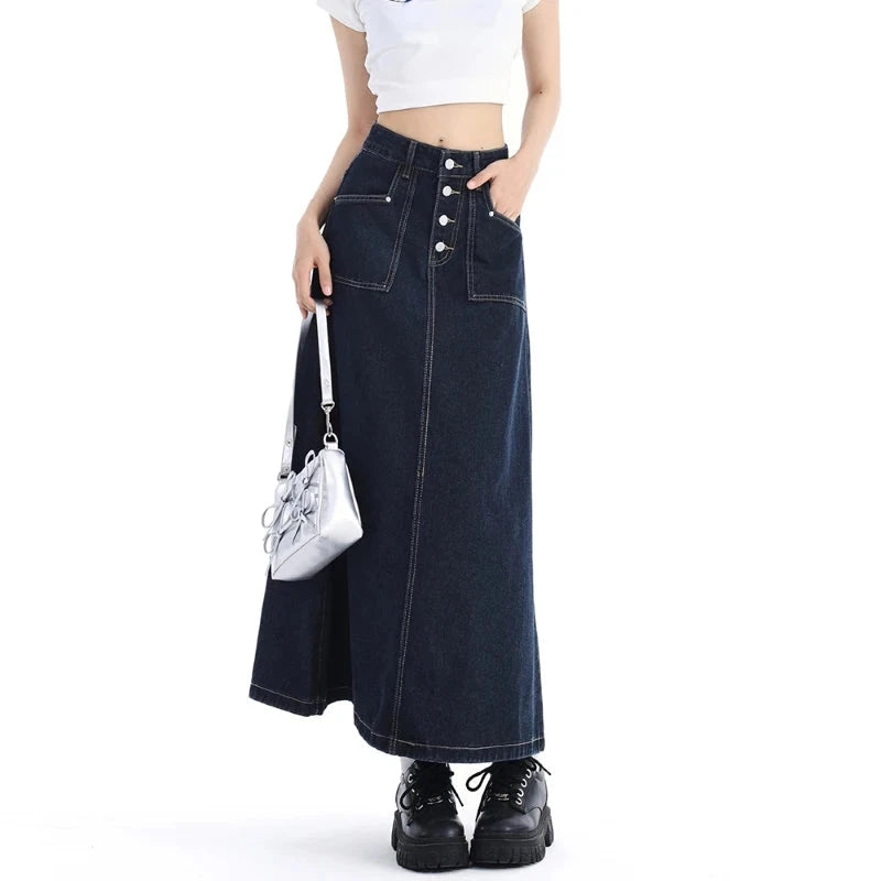High Waist Denim Skirt Women Autumn 2024 New Arrival Single Buttons Long Skirt Women Korean Style Casual Jeans Skirts Womens GlowCart