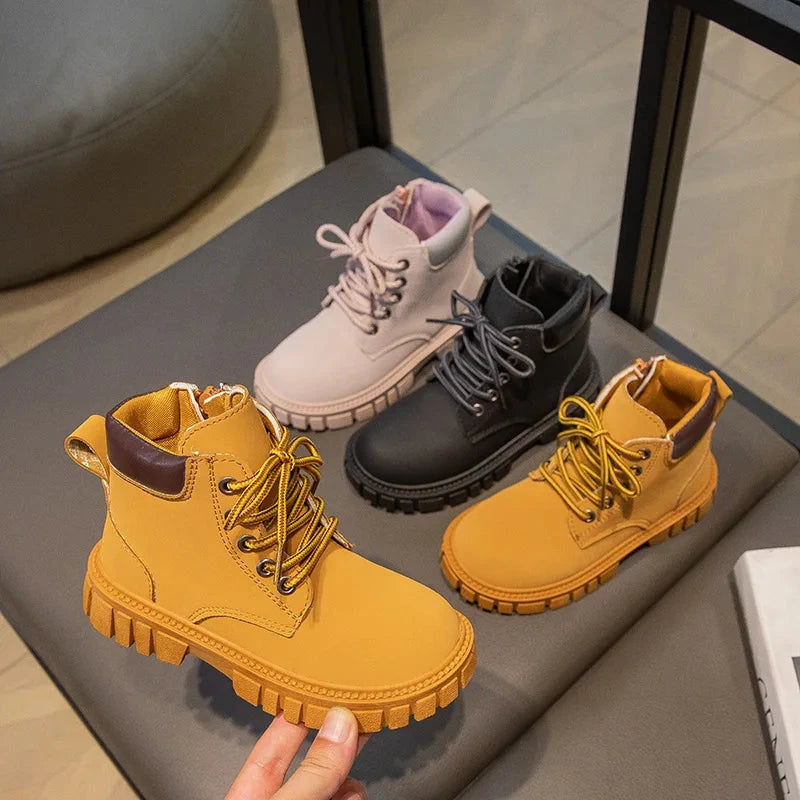 Fashion Boy Girl Short Boots Non-Slip British Style Boots Children's Side Zipper Design Single Boots Leather Boots Anti-skid GlowCart