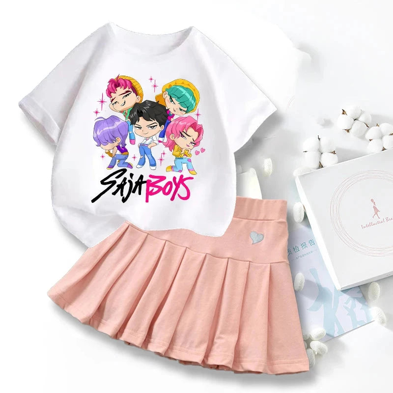 New K Pop Demon Hunters T-shirts Skirt Set Kawaii Cartoon Graphic T-shirt Kids Casual Short Sleeves Tops Summer Girl Clothes GlowCart