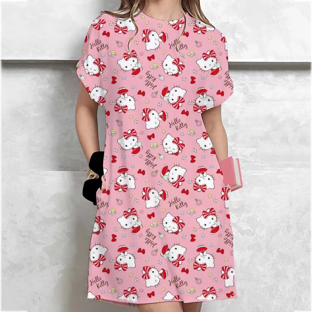 Women's long tshirt dress summer fashion girl Hello Kitty print oversized casual round neck short sleeved mini T-shirt dress ﻿ GlowCart