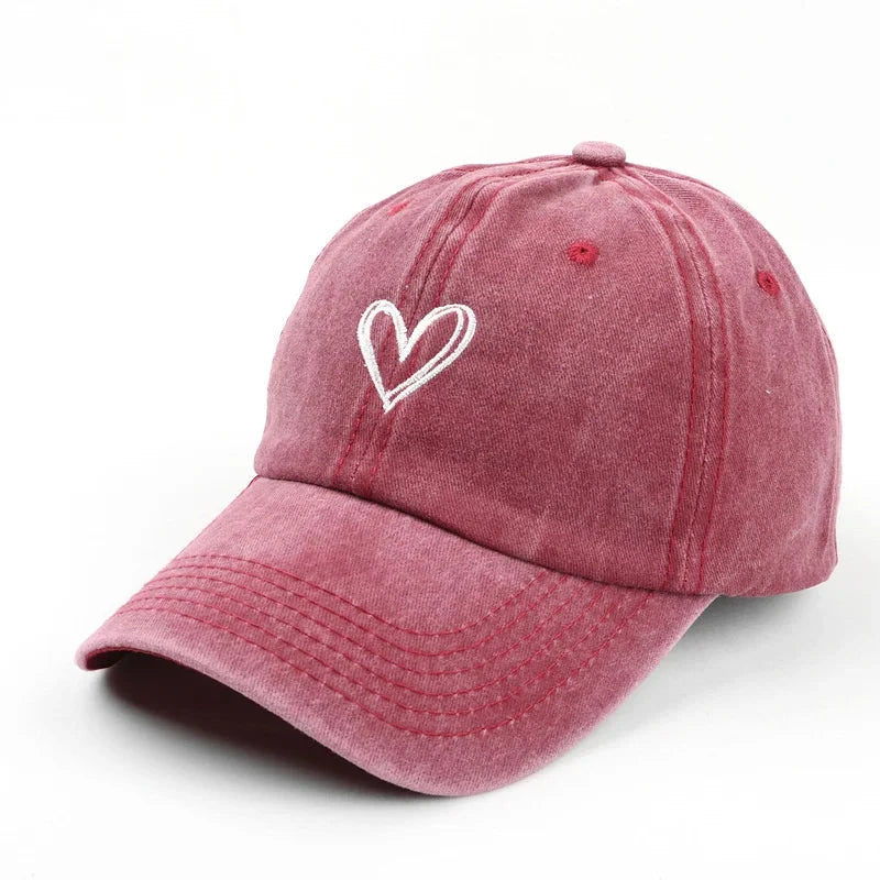 Summer Women Baseball Cap Peach Heart Embroidered Wash Denim GlowCart