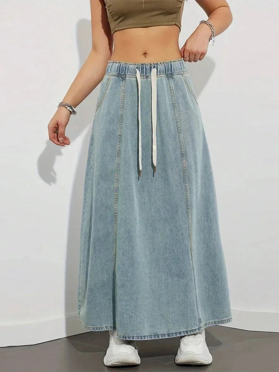 Harajuku Denim Skirt y2k Aesthetic Elastic Drawstring High Waist A Line Flare Jean Skirt Ladies Vintage Skirts Streetwear GlowCart