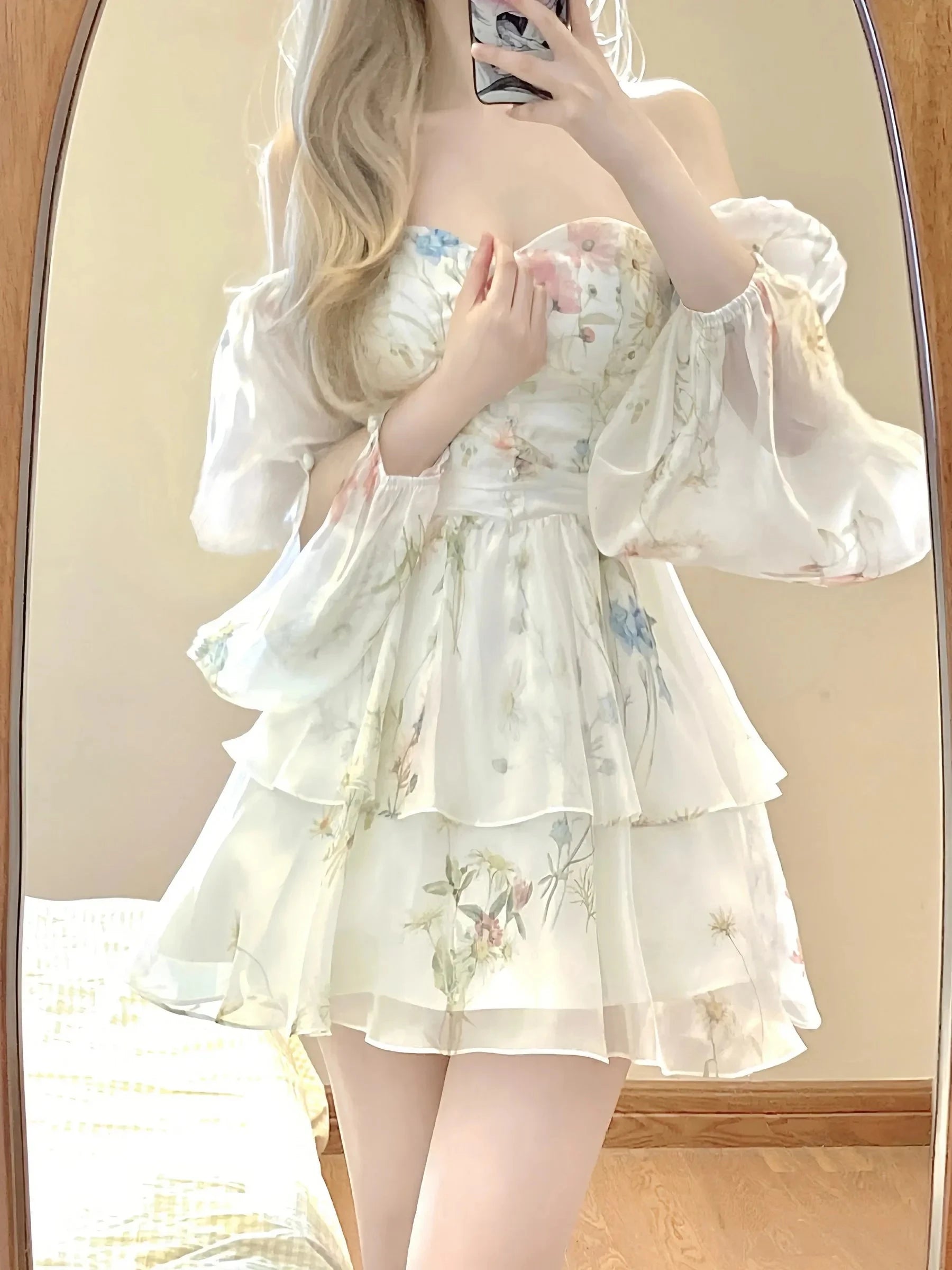 French Elegant Floral Mini Dress Chiffon Long Sleeve Evening GlowCart