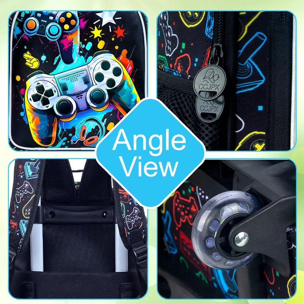 Rolling Backpack for Boys, 3PCS Kids Roller Bookbag with Lunch Bag, Wheeled School Bag for Children - Game Console GlowCart