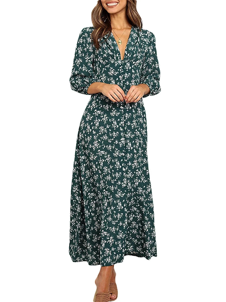 Women's Summer Bohemian Floral Print Long Maxi Dress Retro GlowCart