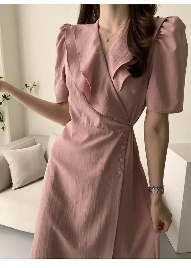 Summer New Chic V-ne Turn-down Collar Slimming Waist Midi Dr GlowCart