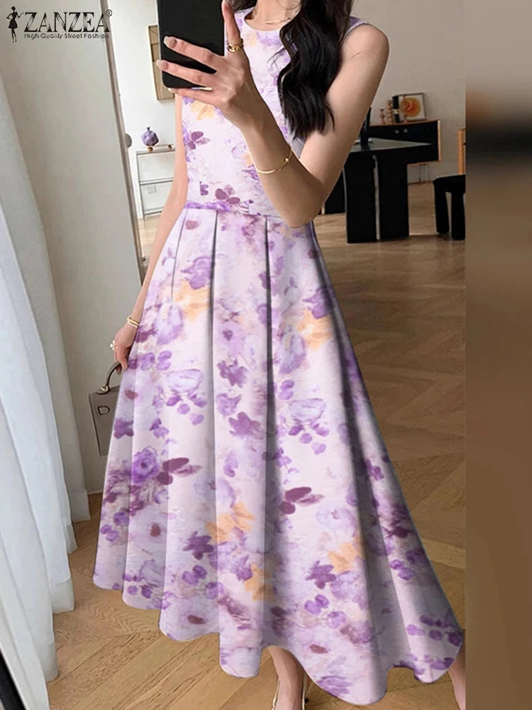 ZANZEA Women Sleeveless Pleated Dress 2025 Summer Korean GlowCart