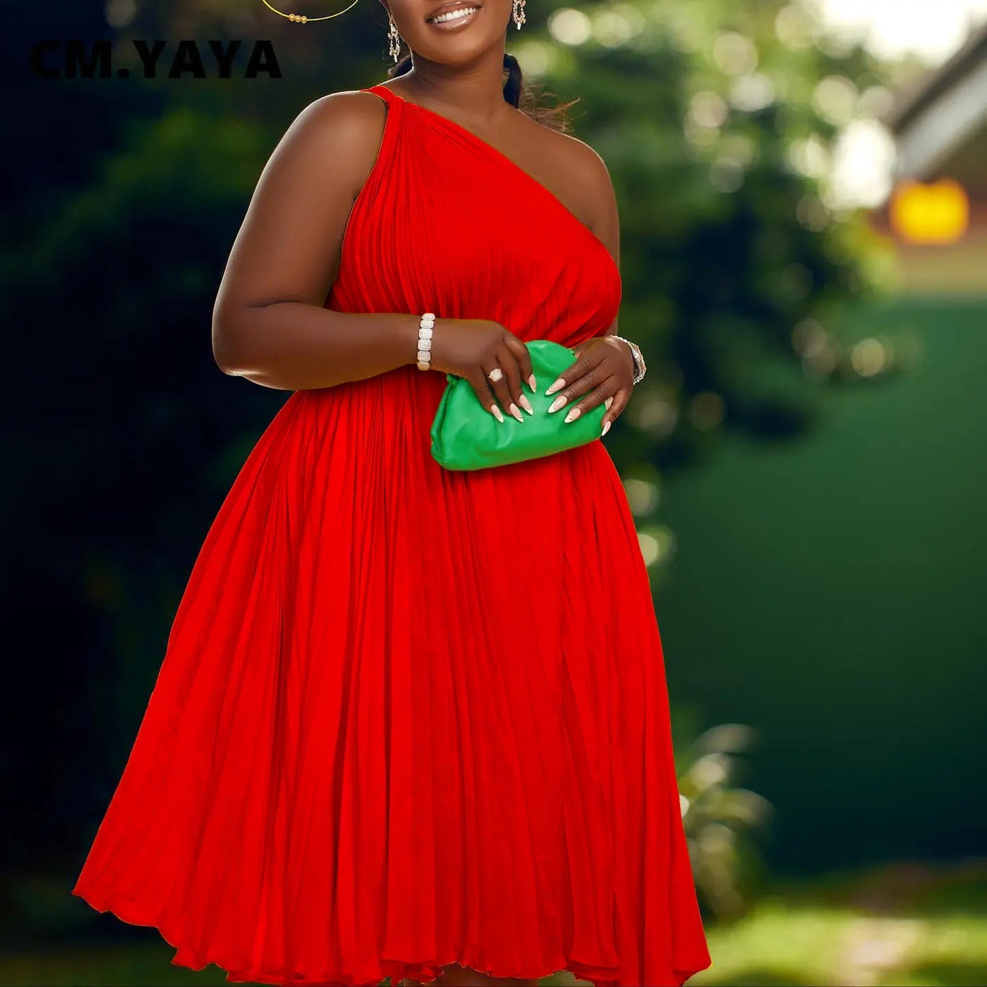 CM.YAYA Women One Shoulder Sleeveless Big Swing Pleated Knee Length Dress 2023 Fashion Street Vestidos Sexy Chic Dresses GlowCart