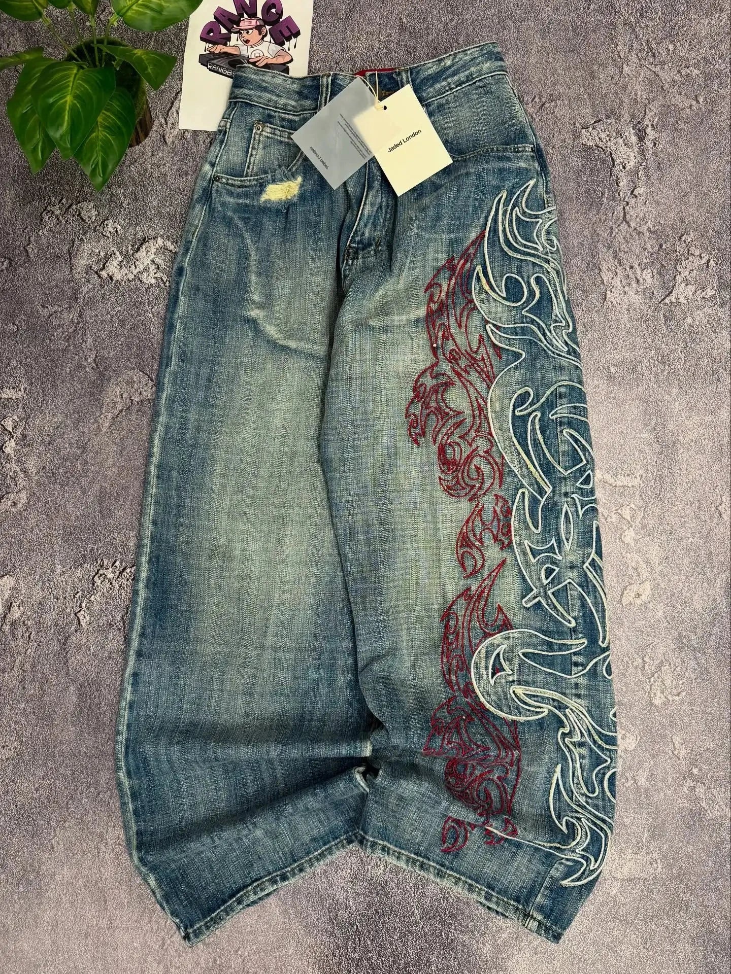 American New Pattern Embroidery Baggy Jeans Male Y2K High GlowCart