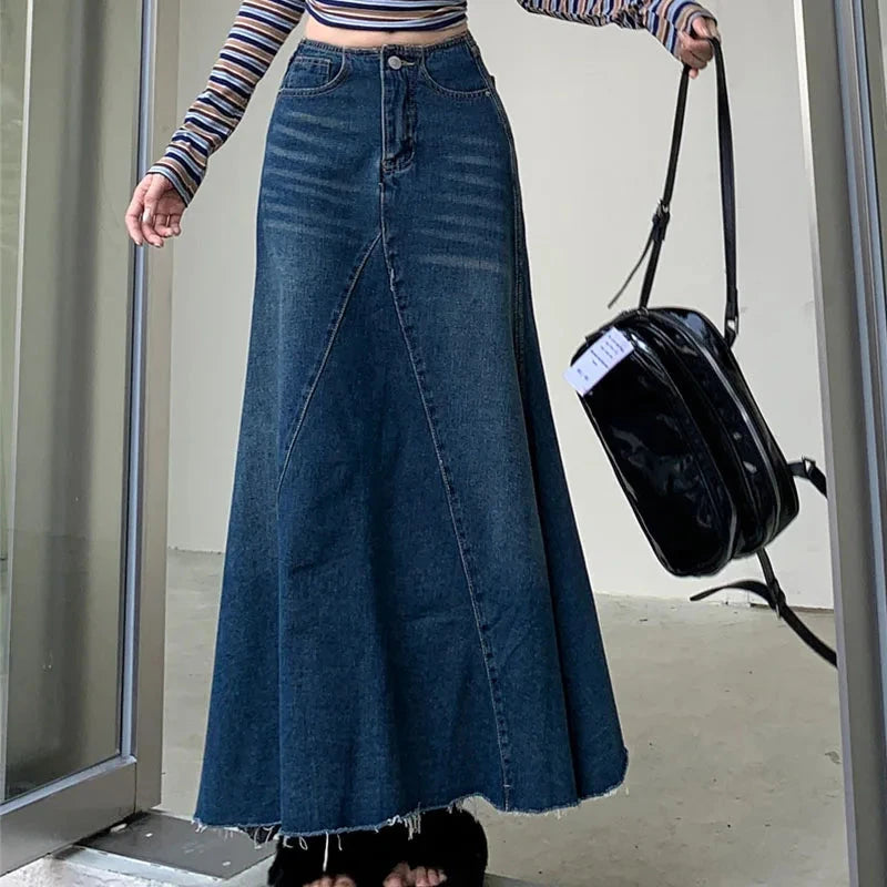 2025 Autumn Women's Y2K Jeans American Retro High Waist Denim Skirt Raw Hem Mermaid Maxi Length Flared Style  2750 GlowCart