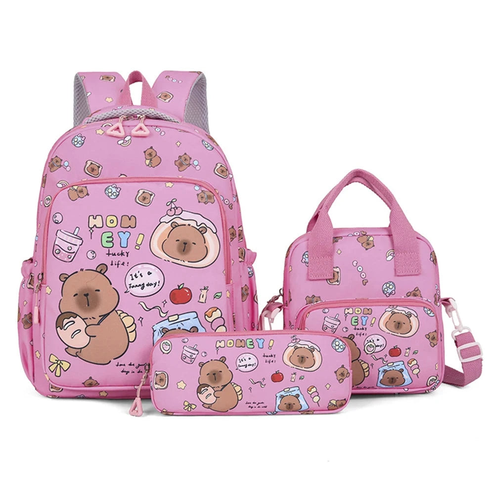 3in1 School Backpack Set Nylon Cute Bookbag Going Out Cartoon Laptop Travel Bag Breathable Back Large Capacity Cute Capybara Bag GlowCart