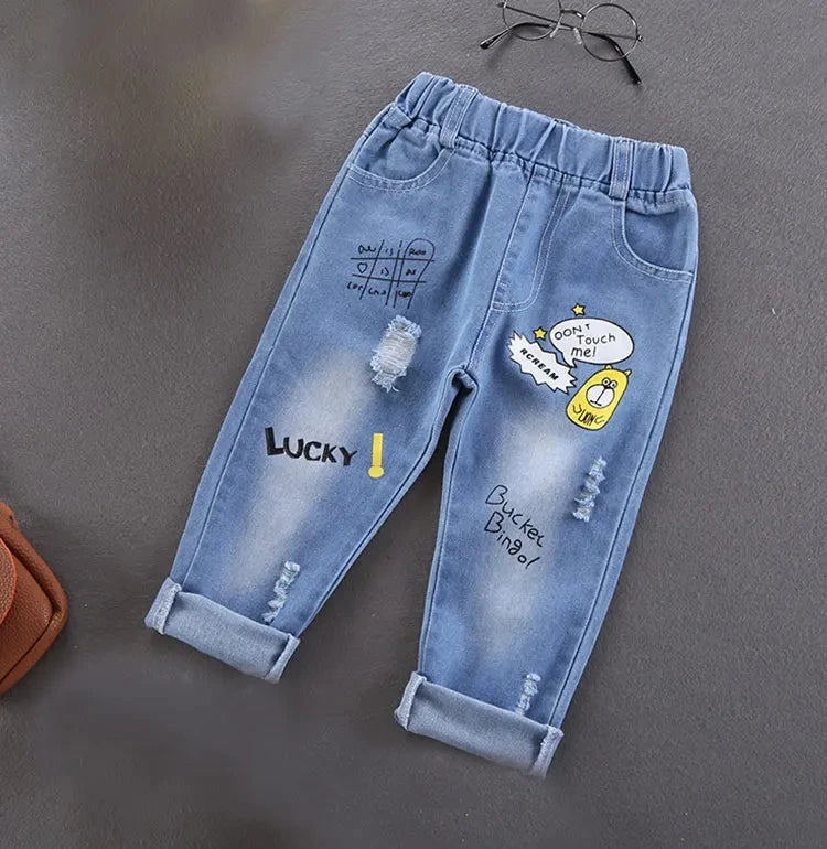 Children Jeans  Boys Cotton Print Splice Stretch Denim Pants Korean Teenage Trousers Wear Kids ClothingDenimRipped Spring Autum GlowCart