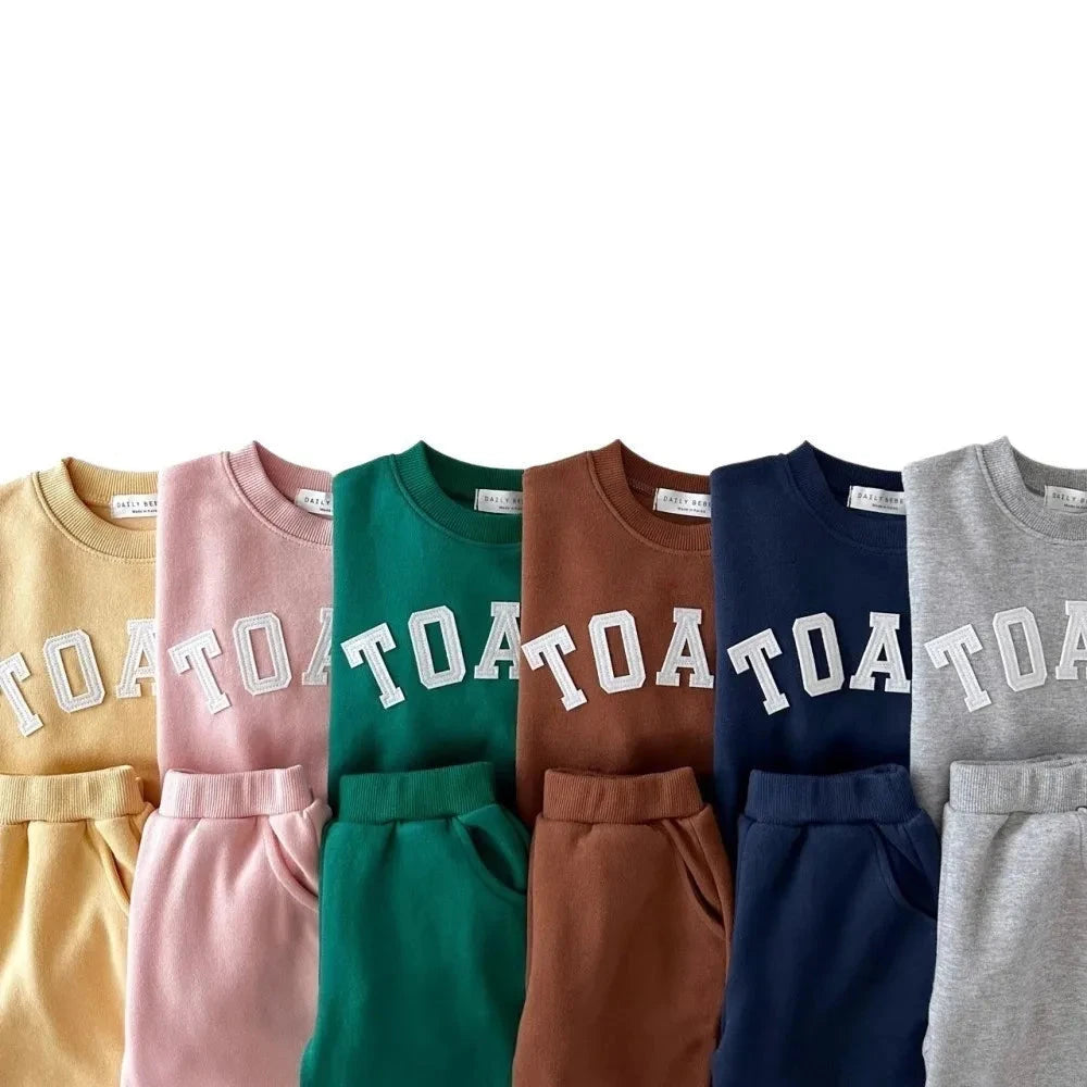 TZ2709 Korean Style Kids' Spring Autumn Casual Sports Outfit for Boys And Girls American Letter Hoodie And Pants Two-Piece Set GlowCart