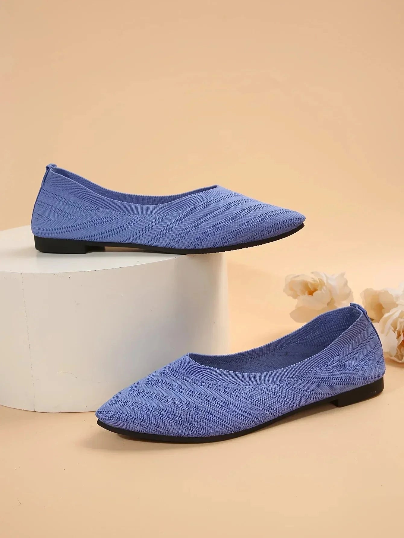 New 2024 Pointed Toe Flat Office Boat Solid Color Knitted GlowCart