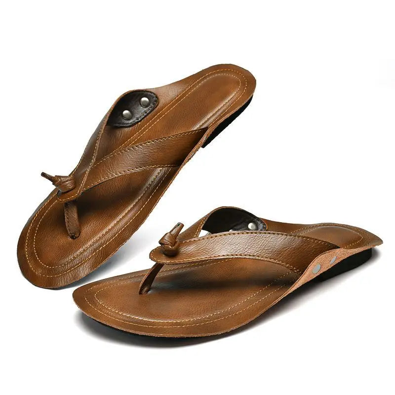 2025 new high-end leather flip-flops for men, ultra-soft genuine cowhide sandals for outdoor wear slippers . GlowCart
