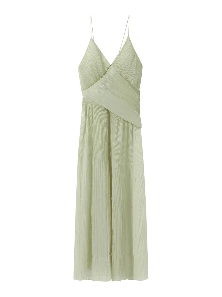 Pleated Perspective Halter Dress V-Neck Hanging Neck Sexy GlowCart