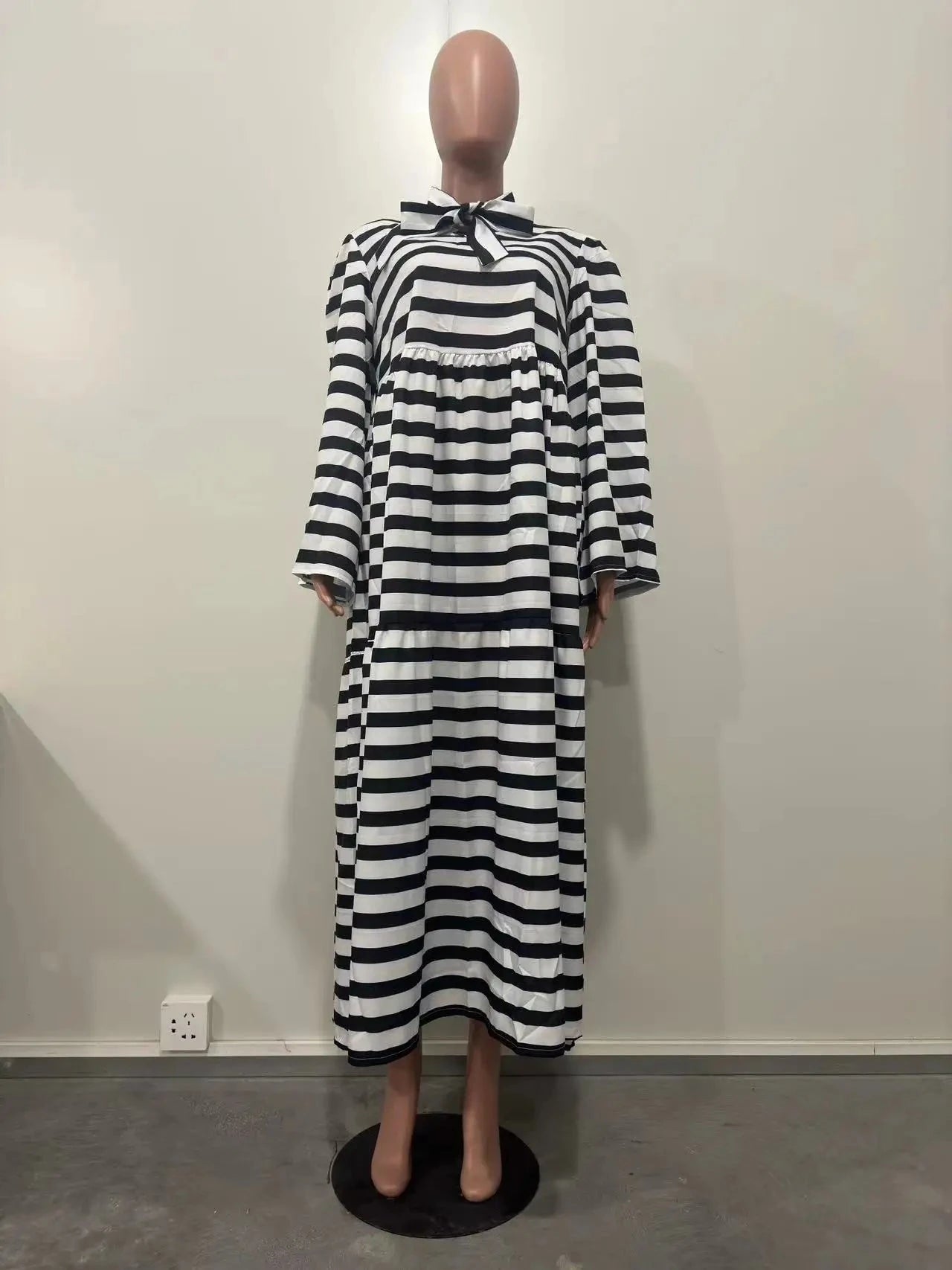 CM.YAYA Vintage Women Striped Bowknot Collar Long Sleeve GlowCart