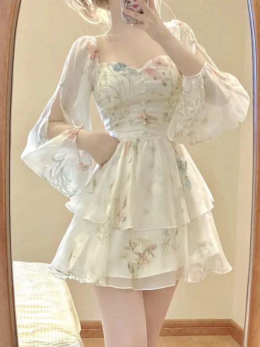 French Elegant Floral Mini Dress Chiffon Long Sleeve Evening GlowCart