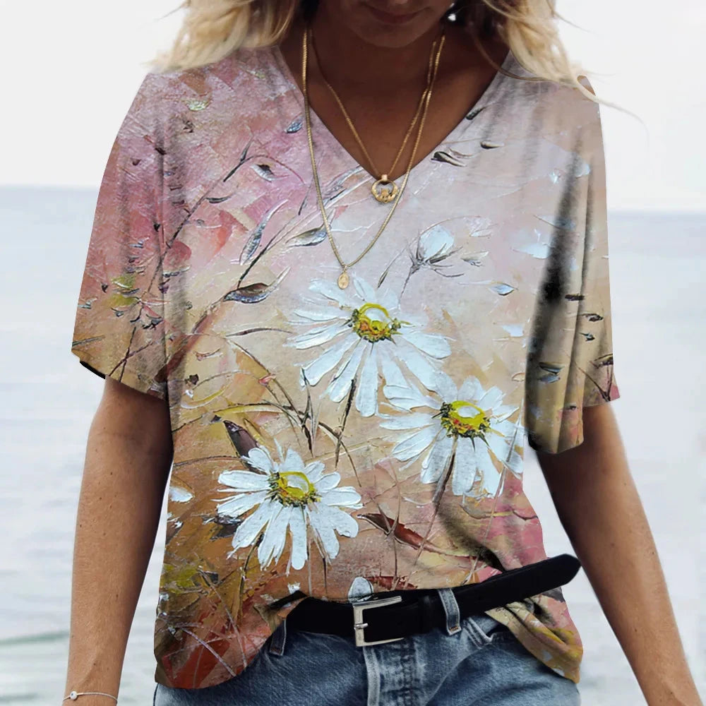 Women's T Shirts V-neck 3d Art Print Tops Loose Short Sleeve GlowCart