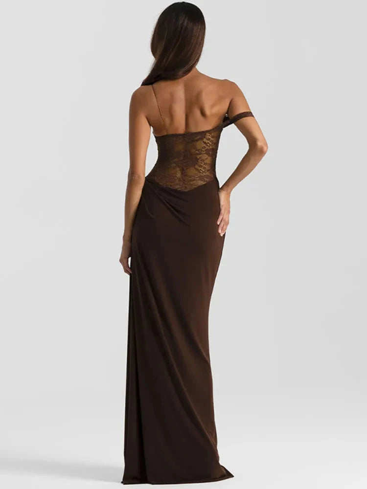 Mozision One Shoulder Lace See Through Sexy Maxi Dress Women GlowCart