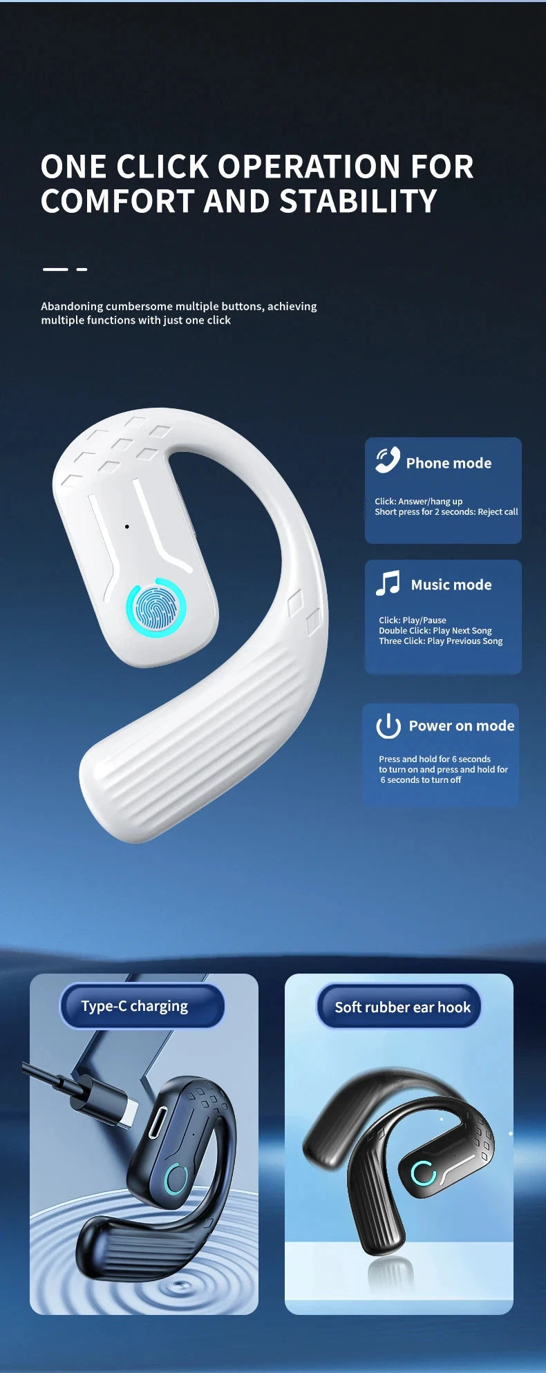 Bluetooth 5.4 Open Wireless Earphone 180° Rotation GlowCart