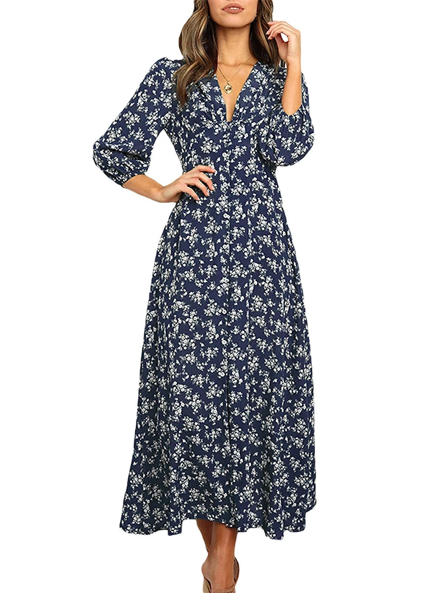 Women's Summer Bohemian Floral Print Long Maxi Dress Retro GlowCart