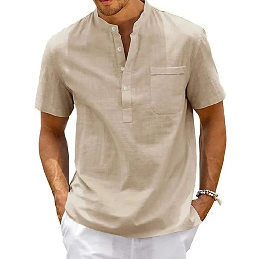 Cotton Linen Shirt Men Henley Neck Pocket Casual Beach Short GlowCart
