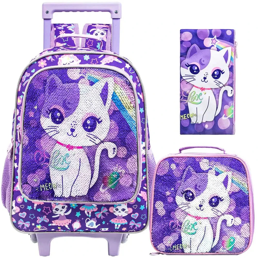 4PCS Rolling Backpack for Girls, Kids Cat Roller Wheels School Bookbag with Lunch Bag, Wheeled School Bag for Toddler Elementary GlowCart
