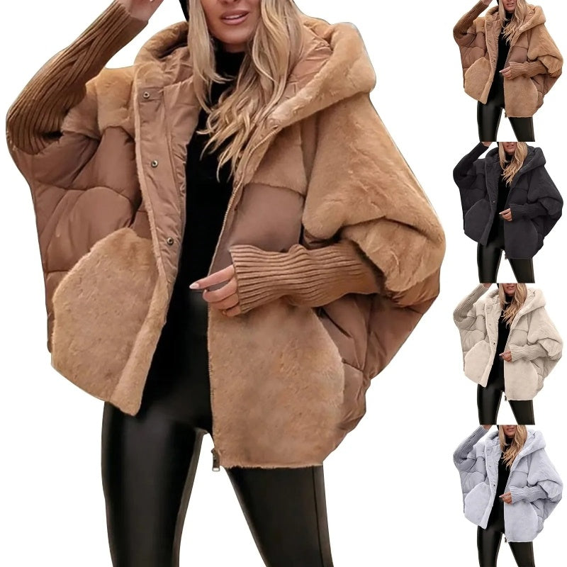 Women's Loose Cotton Coat Faux Fur Patchwork Winter Coat Comfort Chic Long Sleeve Hooded Jacket GlowCart