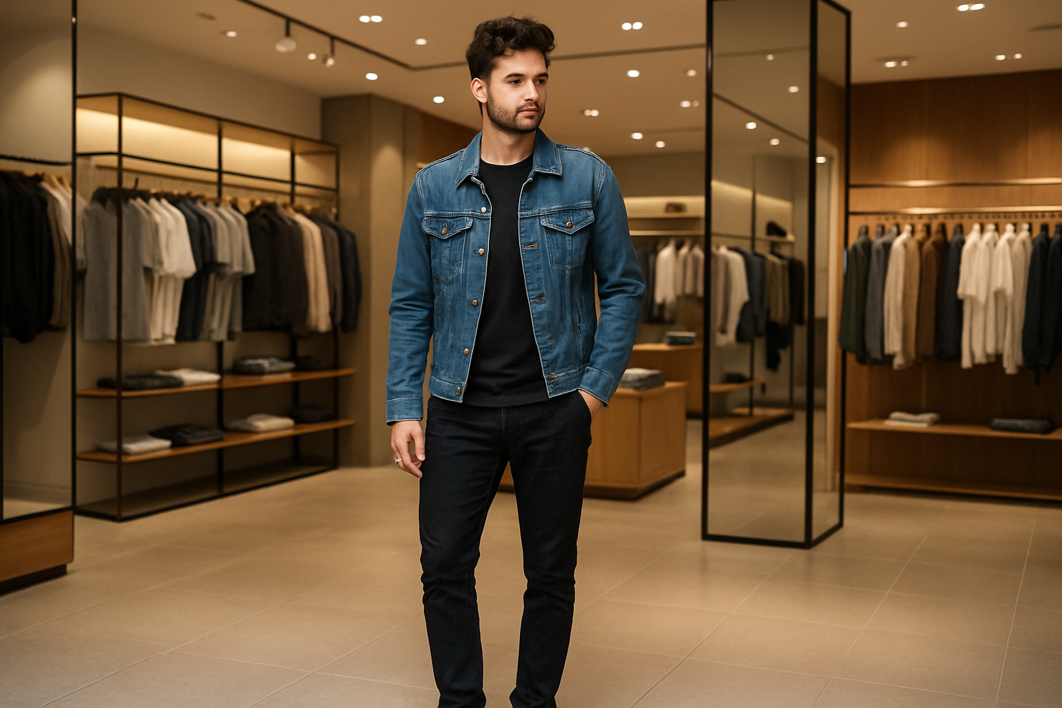Fashion casual menswear: a man wearing a stylish denim jacket over a fitted t-shirt, slim black jeans, and trendy sneakers. Relaxed yet fashionable look with modern details. Setting: inside a contemporary clothing store with racks of casual outfits, mirrors, and soft ambient lighting that highlights the style